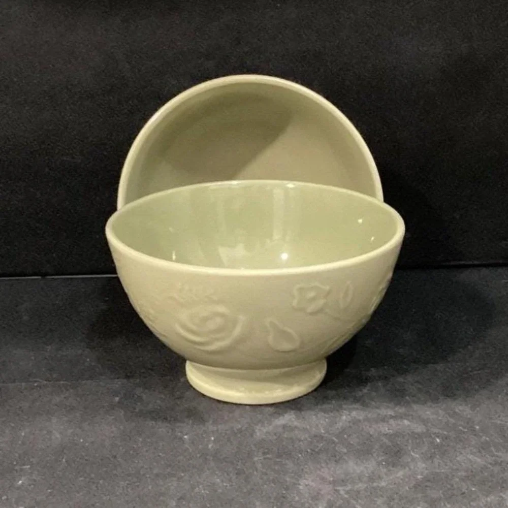 Incised Rose Green Soup Bowls, Set of‎ 2, Floral Pedestal Dishes, Tableware